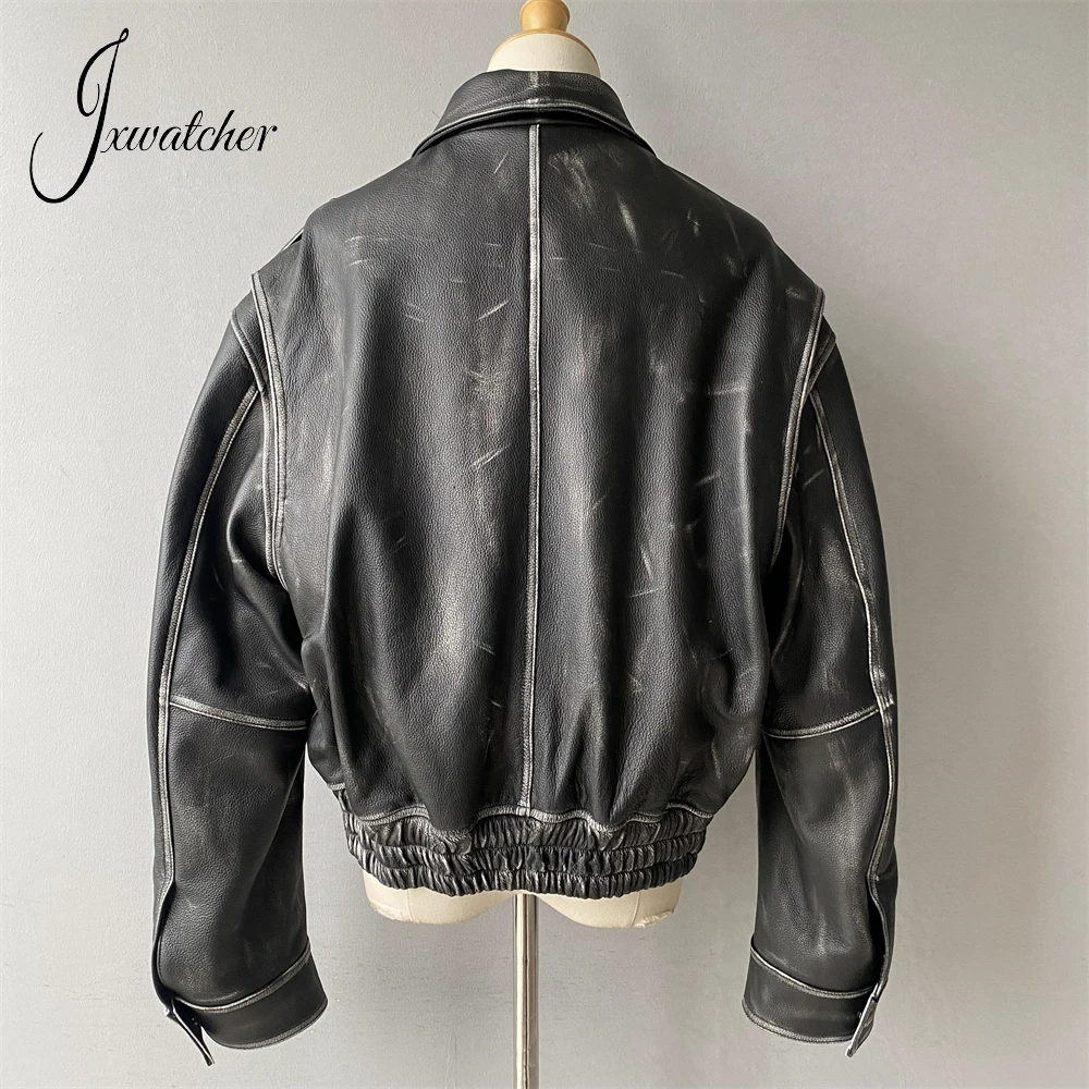 Jxwatcher-abrigo de piel de oveja para mujer, chaqueta Vintage de cuero auténtico, moda de primavera, novedad de otoño, 2024