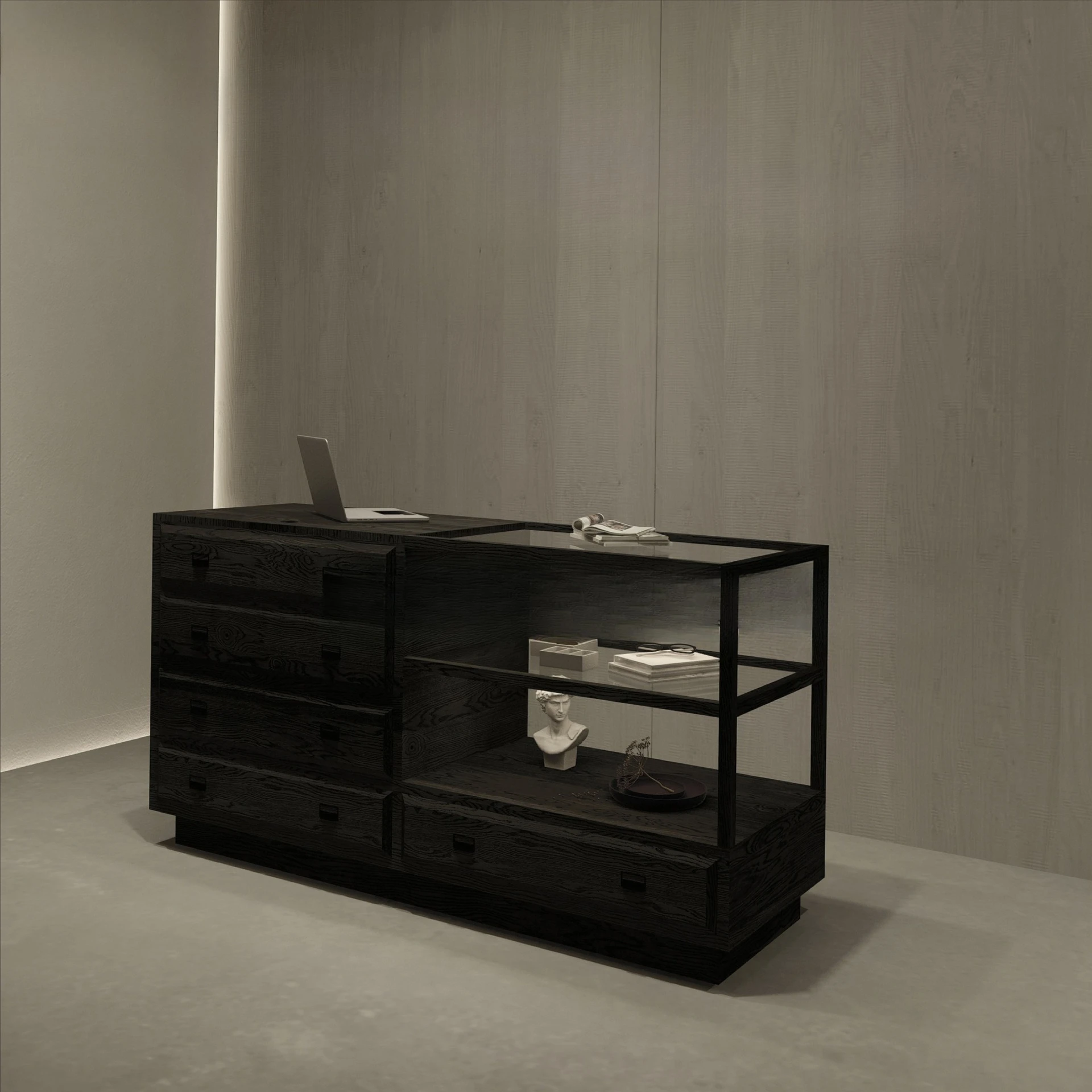 

Front desk, reception desk, table accessories store, clothing store, vintage log color cash register, simple mother and baby