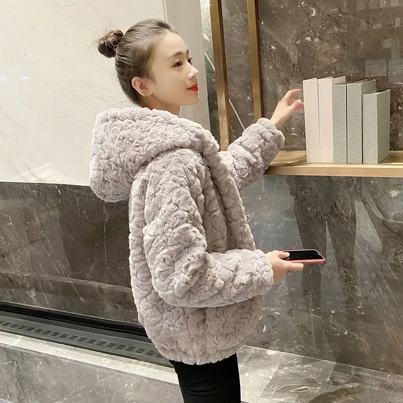 2026 New Thickened Imitation Rabbit Fur Jacket Women's Hooded Versatile Fashion Slim Mink Velvet Korean Version Short Coat