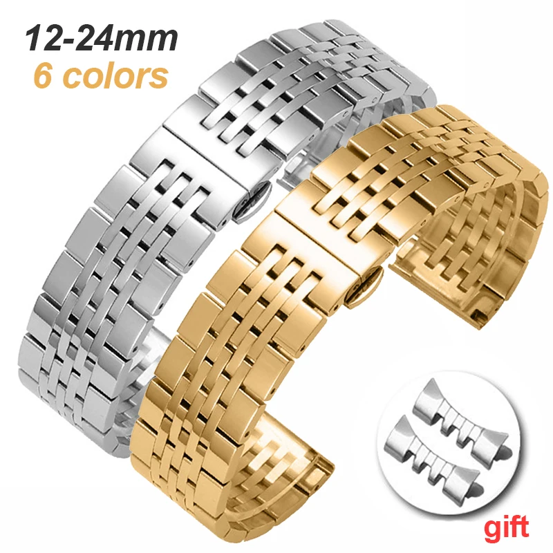 

Seven Bead Stainless Steel Watch Strap 16 17 18 19 20 21 22 23 24mm Solid Butterfly Folding Buckle Bracelet Universal Watchband