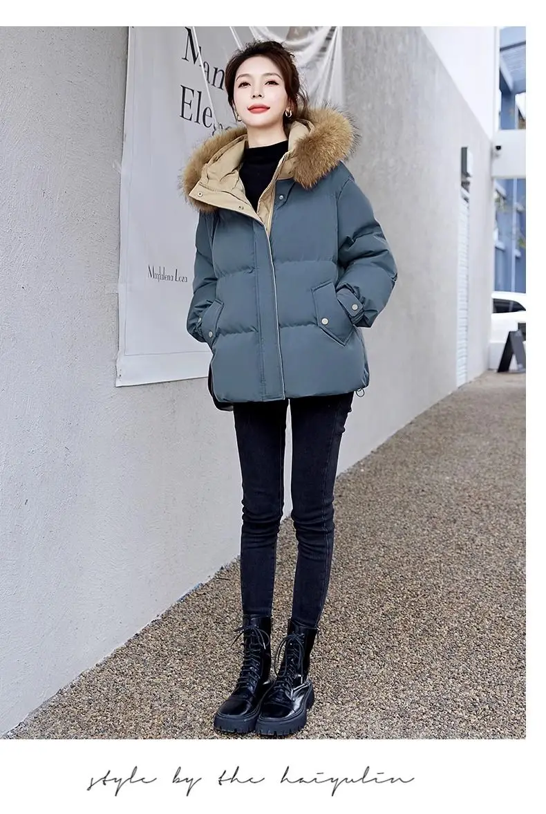 Down Cotton Jacket For Women Short Thickened 2026 Winter New Big Fur Collar Loose Cotton Coat Women's Warm Hooded Jackets Parker