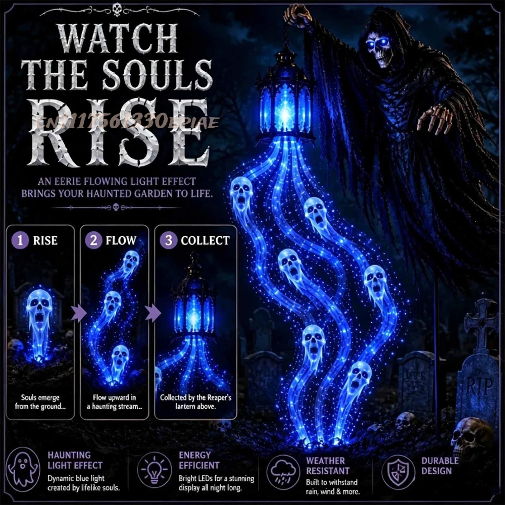 The graves come alive after dark — reaper light in a haunted yard scene