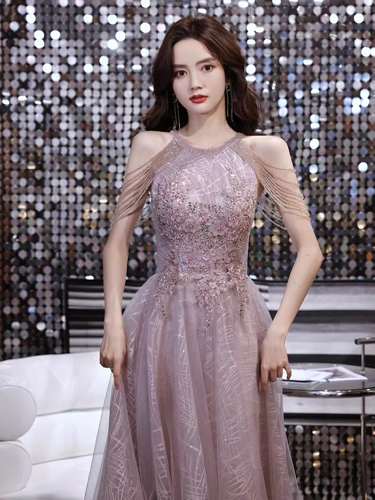 Abiti da sera con scollo all'americana viola chiaro A-line con perline con nappe Appliques Abiti da ballo lunghi per feste di compleanno in tulle senza schienale con paillettes