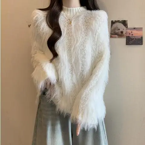 Pull à manches longues pour femme à col semi-tortue en fourrure en automne et en hiver