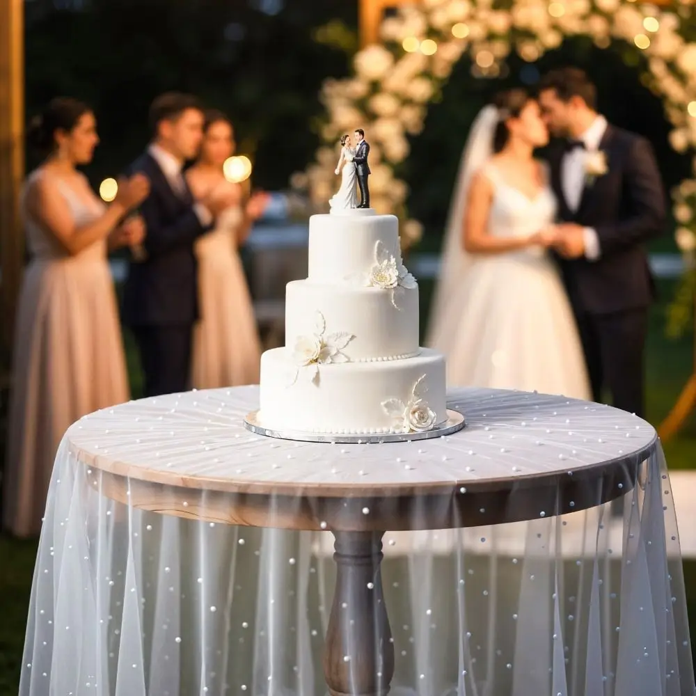 Mesh Fabric Pearl Table Runner Sheer Multi-size Wedding Table Runner White Tulle Romantic Table Cloth Dessert Table