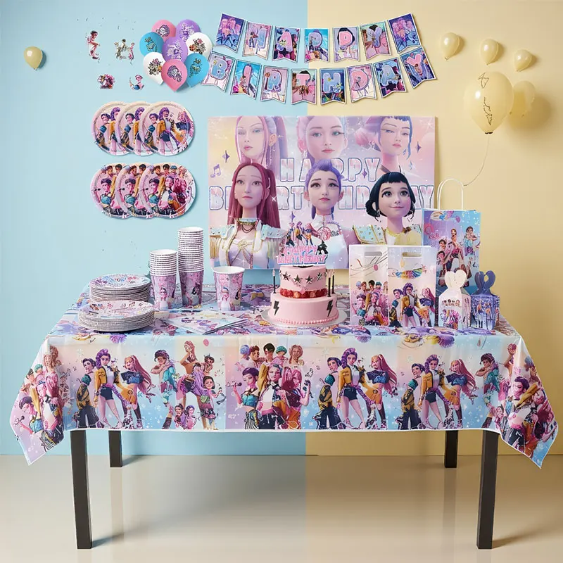 Nouveau démon chasseurs Kpop décoration d'anniversaire ensemble de vaisselle Anime Kpop démon assiette ballon boîte à bonbons sac Bracelet toile de fond fournitures