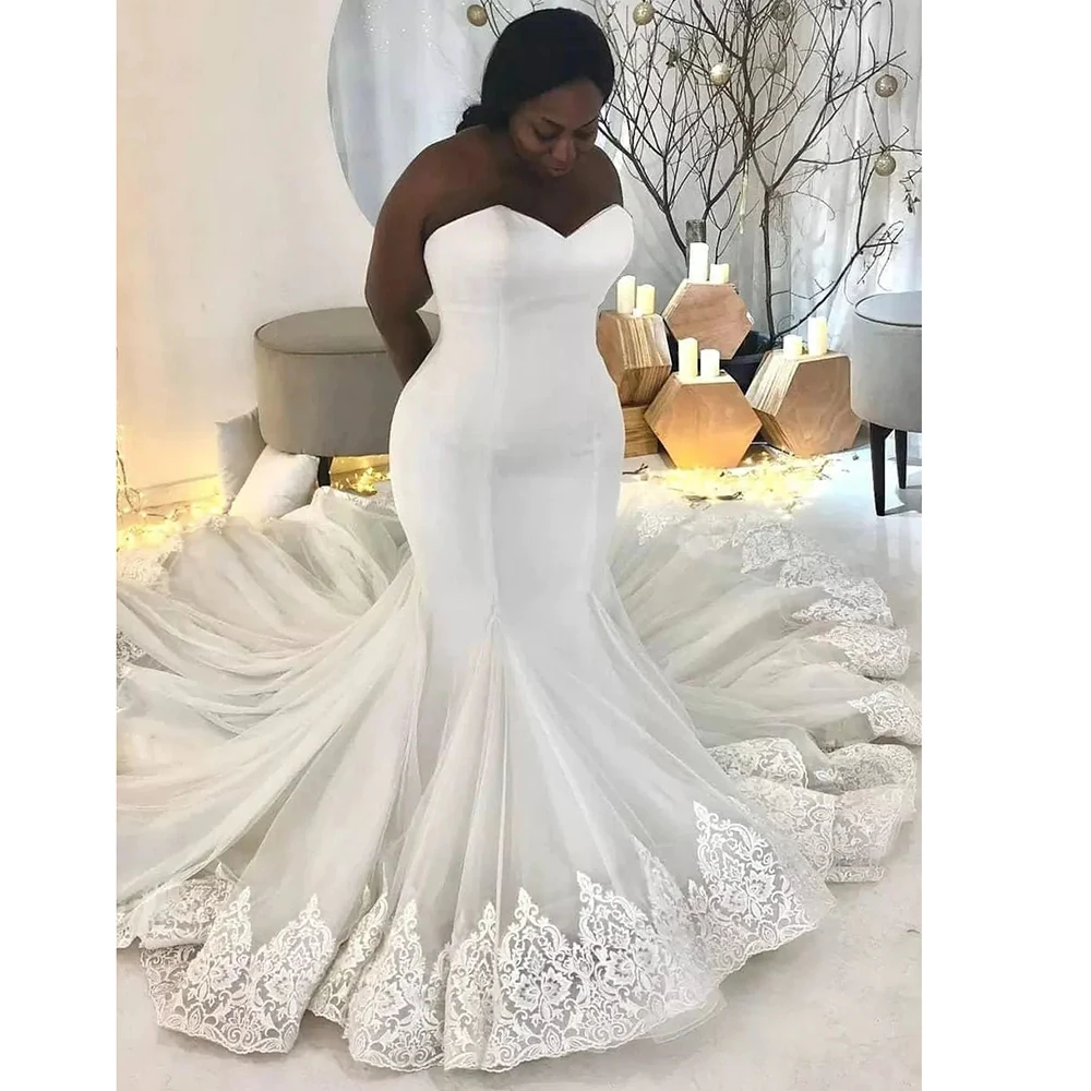 

Elegant Wedding Dress Sweetheart Sleeveless Appliques Chapel Train Mermaid Fashion Women Gown Plus Size Luxury Party Vestidos