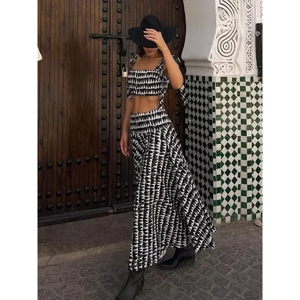 Women Fashion Print Skirts Suit Sexy Backless Sleeveless Slim Corset Crop Top Side Zipper Midi Skirt Y2K Streetwear Sets