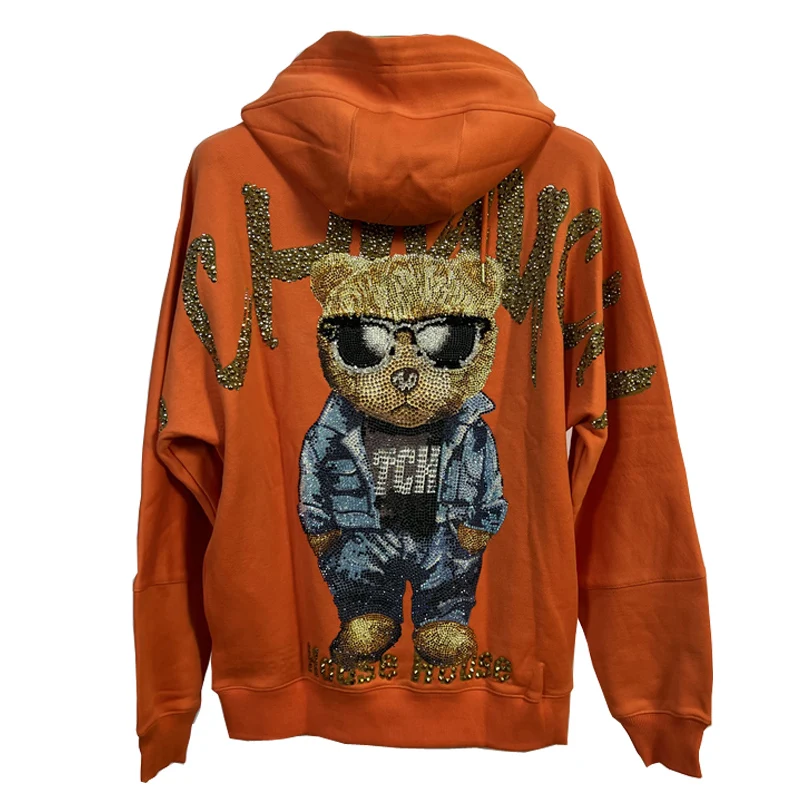 Luxury Hot Driling Bear Trendy Orange Sweatshirt 2022 New Autumn Loose Long Sleeve Hooded Top Streetwear Pullovers Lovers Hoodie