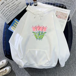 Tulip Printed Hoodies Women High Street Autumn Winter Pocket Casual Loose Sweatshirts Coat Tops Long Sleeved Lady Clothes