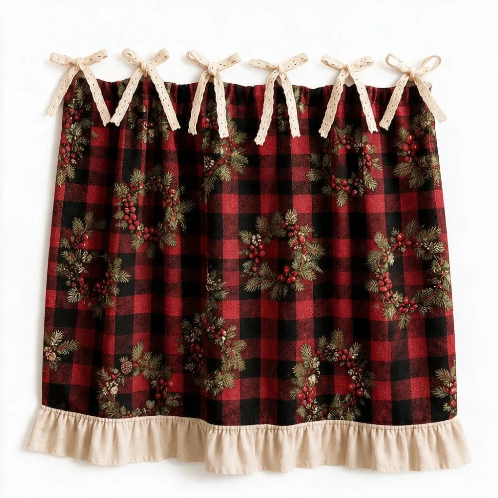 Xmas Tree Snowflake Printed Christmas Oven Short Curtain Decorative Ruffled Edge Farmhouse Oven Skirt American Countryside Style