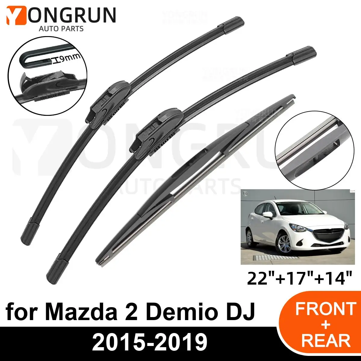 

3PCS Car Wiper for Mazda 2 Demio DJ 2015-2019 Front Rear Windshield Windscreen Wiper Blade Rubber Accessories