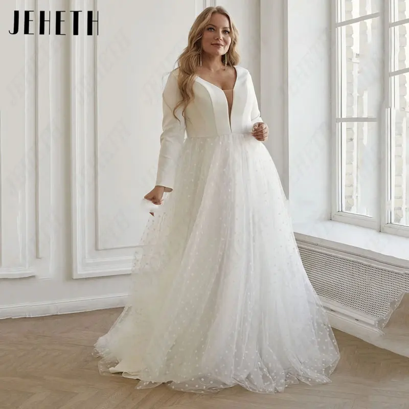 

JEHETH Tulle A-Line Wedding Dresses Plus Size Long Sleeves V-Neck Bridal Gowns For Woman Appliques Exquisite Vestido De Mariages