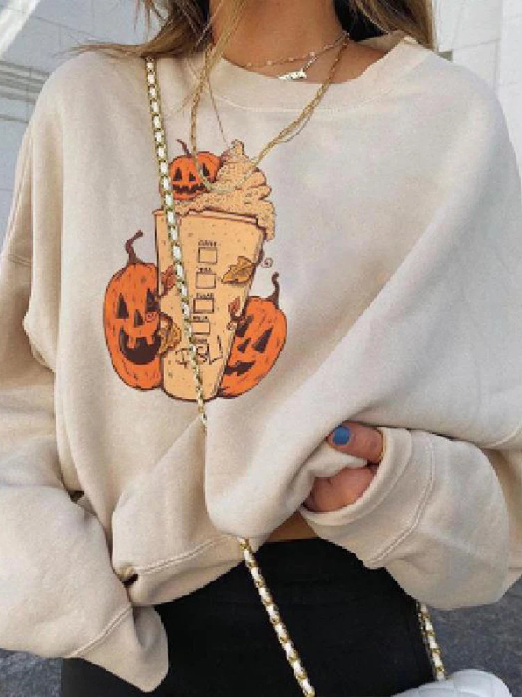 OMSJ 2024 Halloween Ghostface Pumpkin Print Cute Casual Pullover Sweatshirt Women Loose Fashion New Festival Daily O Neck Jumper