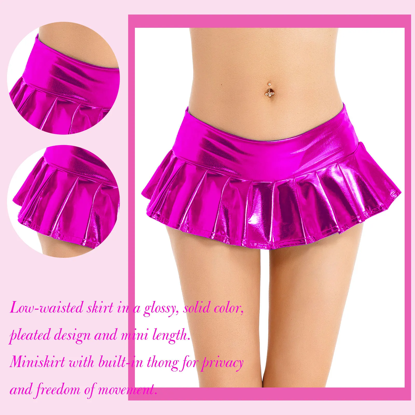 Womens Sexy Metallic Shiny Pleated Miniskirt Clubwear Fashion Wet Look Latex Exotic Low Rise Skirt Nightclub Pole Dance Costume