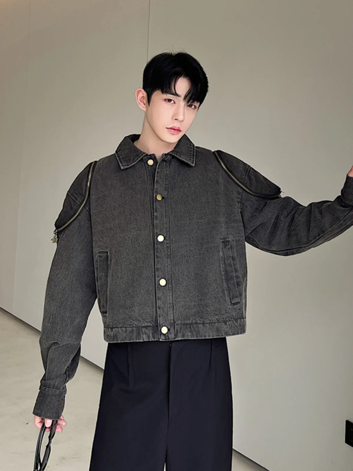 

Retro American Waed Denim Zipper Jaet Men's Faion Versatile Haome Top Outerwear Loose Fit Youthful ular