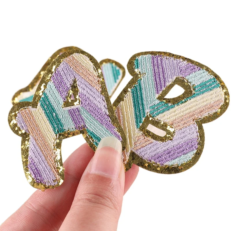 Striped Rainbow Color Letters Embroidered Iron On Patch Applique Diy Name Badge Alphabet Patches For Clothing Bag Accessories