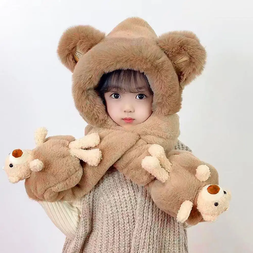 Cute Winter Thickened Plush Kids Hat Neck Scarf Gloves 3 in 1 Ear Protection Hat Cartoon Bear Decor Boys Girls Holiday Hat