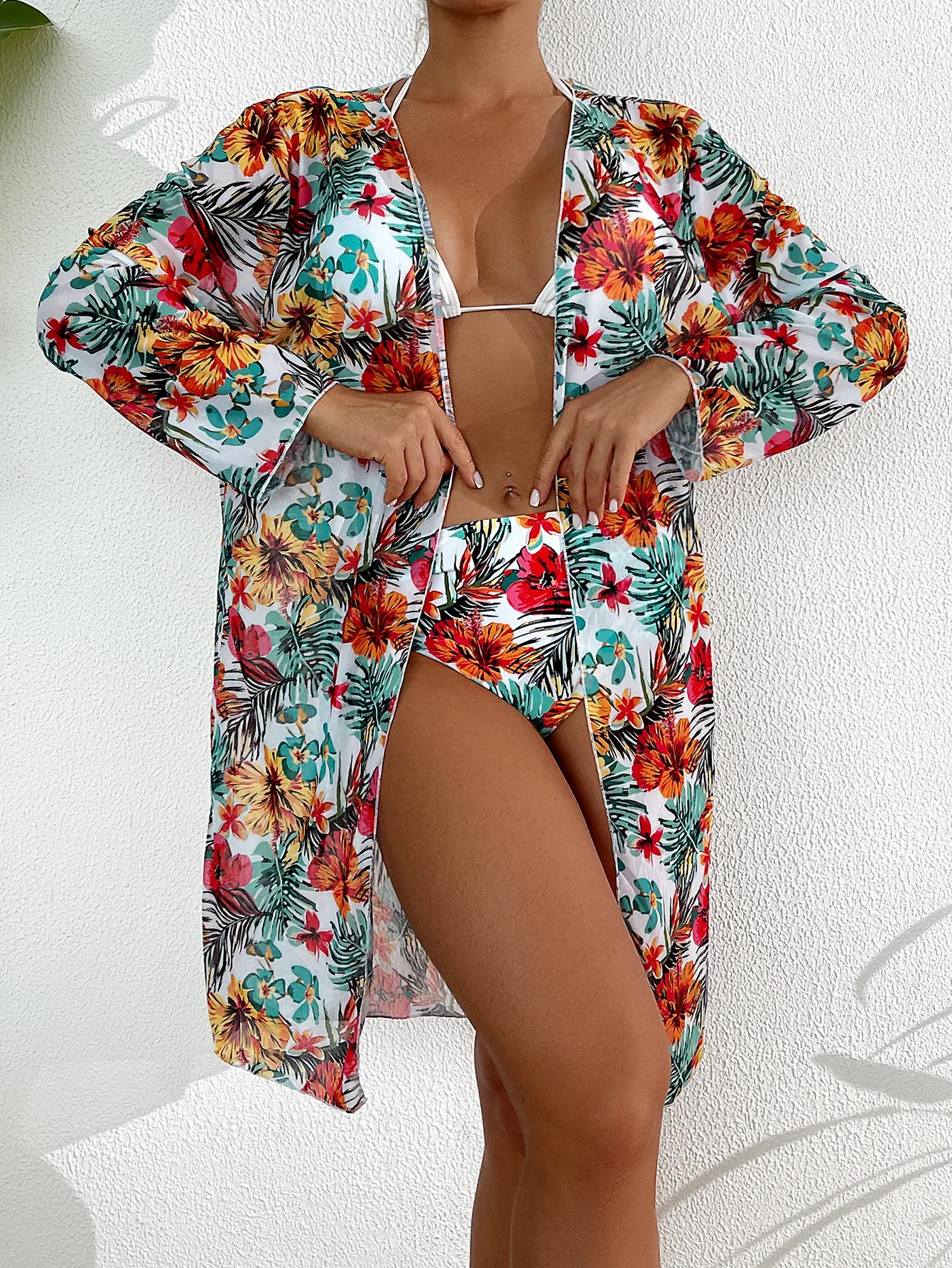 Bikini a vita alta Sexy Bikini a 3 pezzi Cover Up costume da bagno donna manica lunga Push Up costumi da bagno includono: top , bottom,cover up