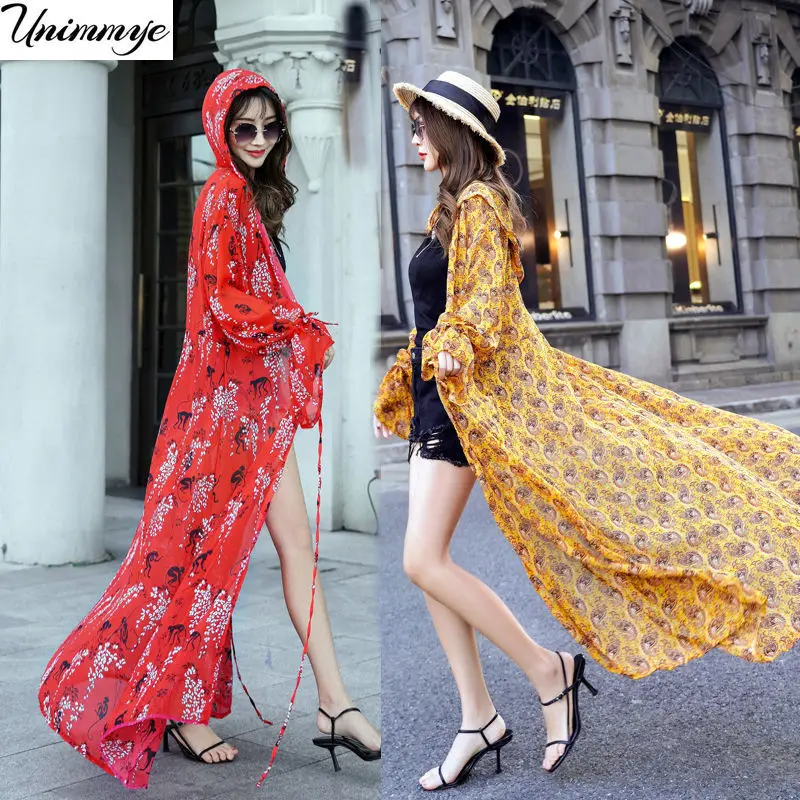 

Summer Women Chiffon Print Kimono Beach Cardigan Sheer Cover Up Sun Protection Clothing Long Blouse Shirts Female Tops J361