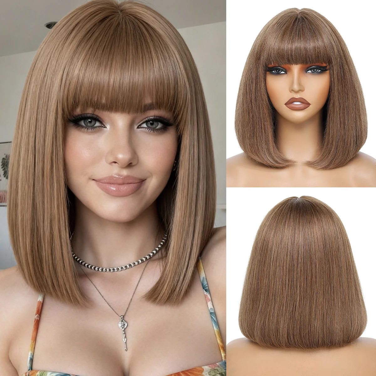 Yelo No Glue Bob Wig Human Hair - Easy To Wear Glueless Bob Wig With Bangs, Pre Plucked Hairline, Machine Made Ready To Wear