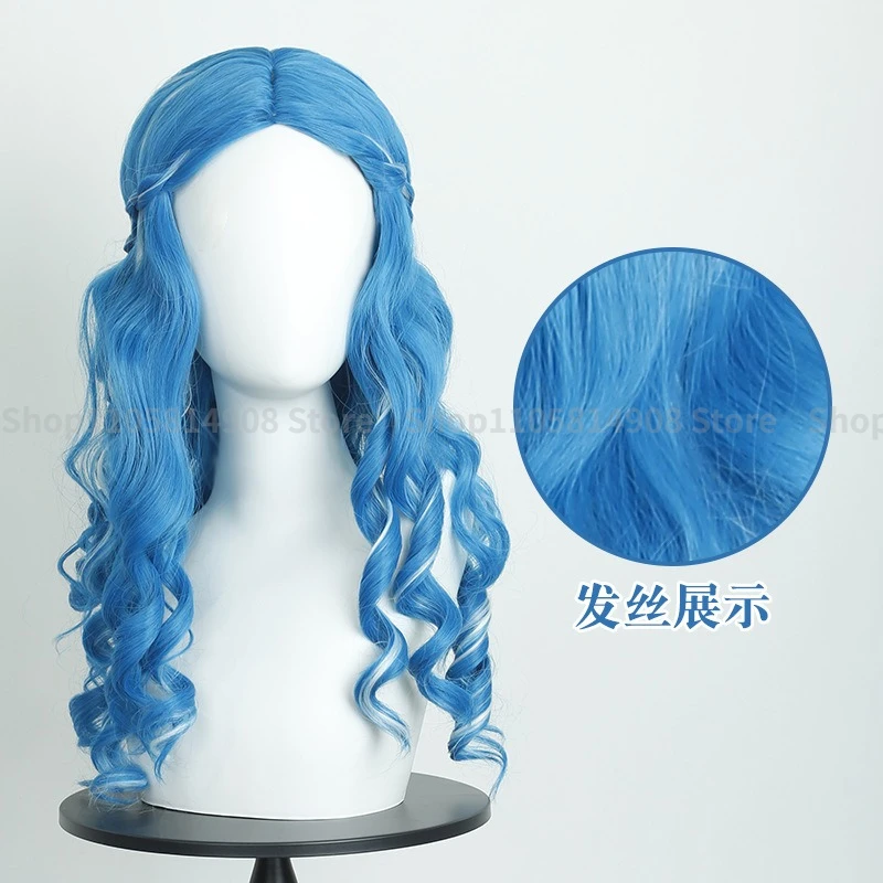 Monster Blue Long Curly Cos Wig, White Queen Alice Blue White Gradient Wig, Anime Cosplay Hair with Wig Cap for Halloween Party