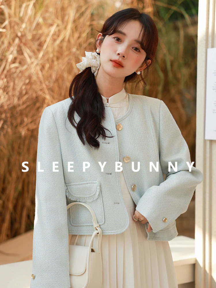 

Blue Tweed Short Jacket Women Spring Fall Korean Style Slim Fit Round Neck Coat Elegant Petite Crop Outerwear Office Daily Looks