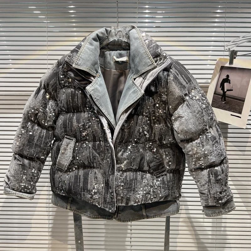 sequins 2023 stitching New Denim winter jacket women coat black white blue 90% white duck down windproof outdoor female parkas