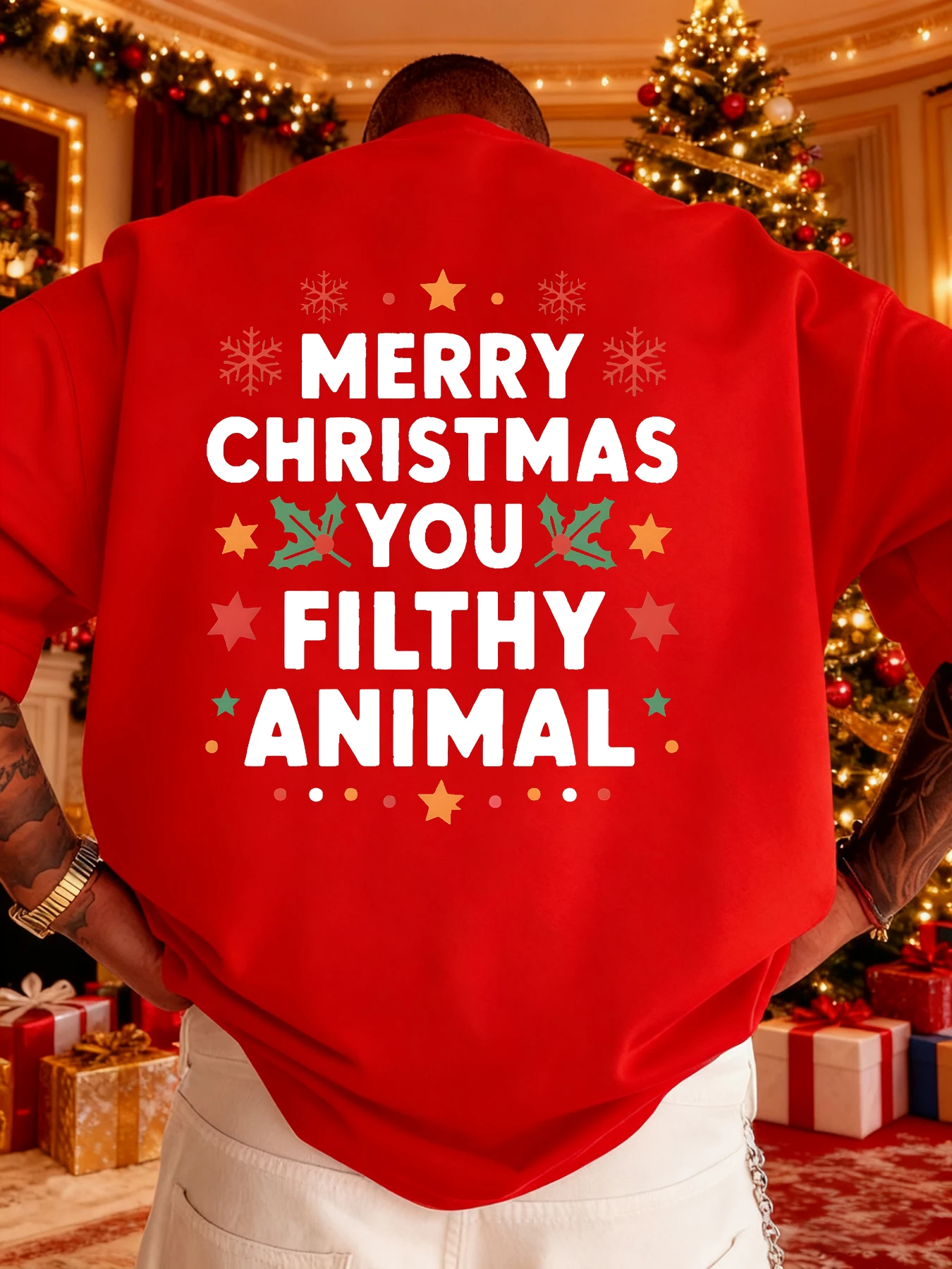 

Мужская одежда с короткими рукавами «MERRY CHRISTMAS YOU FILTHY ANIMAL» со снежинкой и звездным узором, одежда для рождественской вечеринки, летний предмет