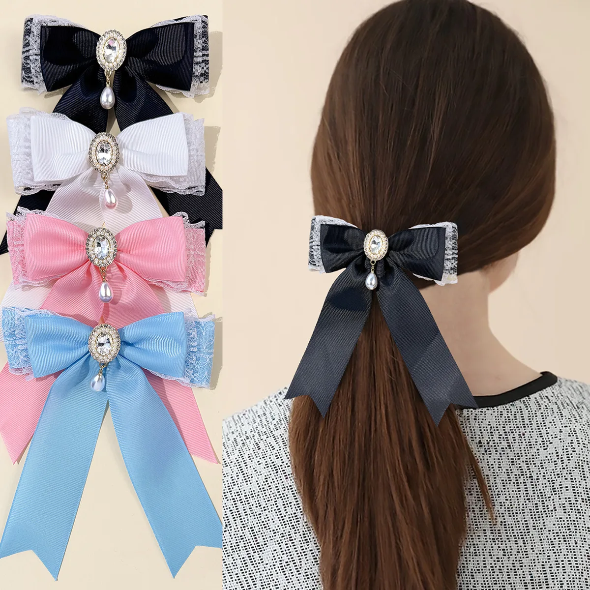 

20 Pcs/Lot, 5.12“ Ribbon Lace Bow Hair Clips With Rhinestone Pearl For Women Girls Hair Accessories