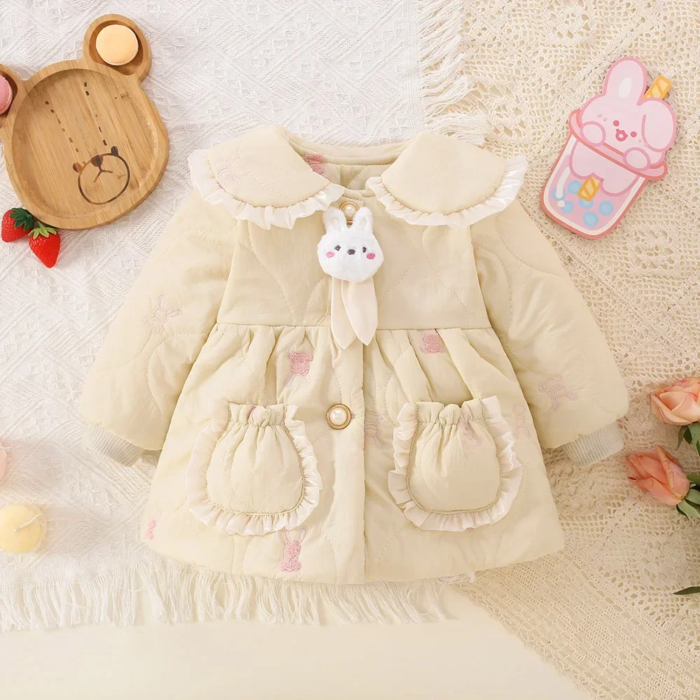 (0-4 Years Old Girls) Winter New Girls\' Coat Lapel Lace Ruffle Bunny Fluffy Sweet Coat Fashion All-Match Coat Long Sleeves