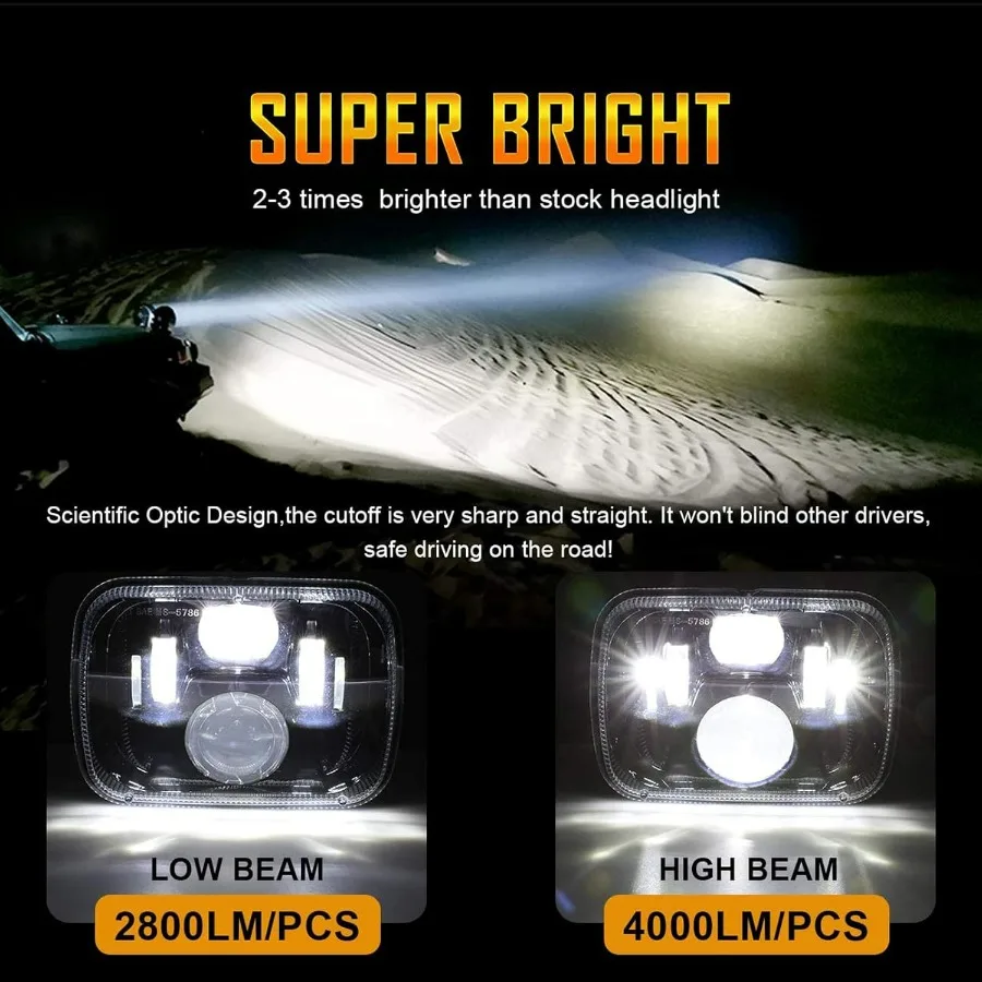 مصابيح أمامية LED مقاس 5 × 7 7 × 6 بوصة مع شعاع عالي ومنخفض معتمدة من DOT لسيارة جيب رانجلر YJ شيروكي XJ GMC تصميم مستطيل wi