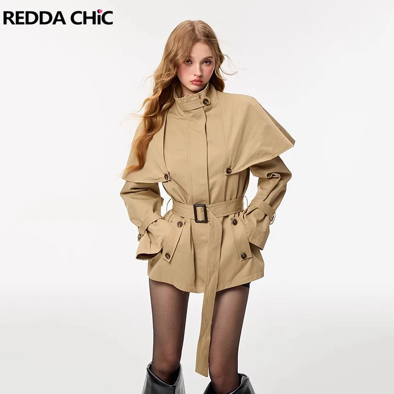 REDDACHiC 2-WAY Removable Cape Trench Coat Elegant Classic Khaki Zip-up Turtleneck Cloak Belted Office Work Jacket Women Outwear