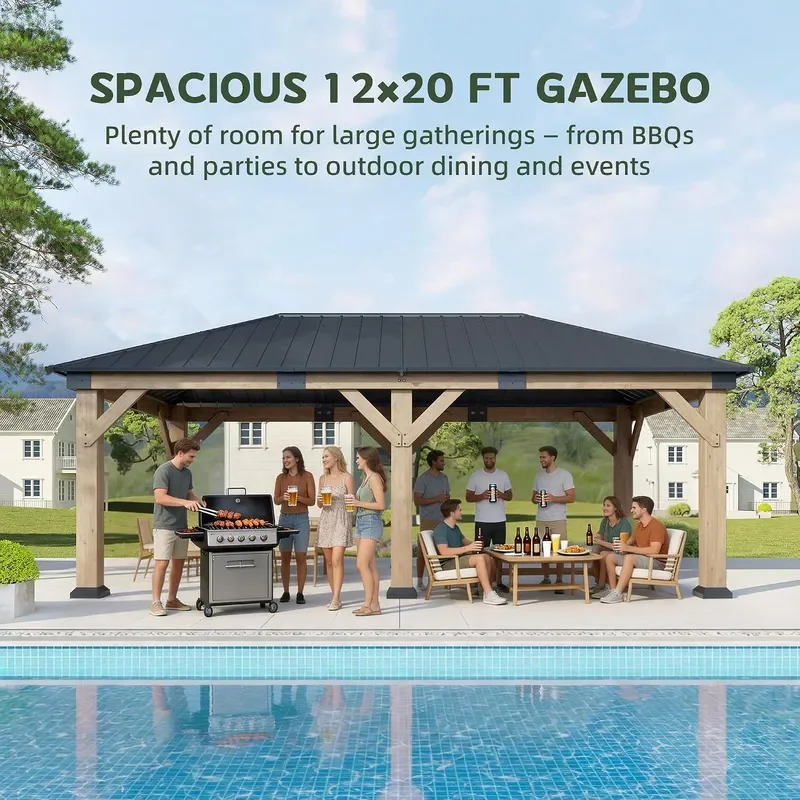 12x20 ft Cedar Wood Gazebo Hardtop Gazebo with Galvanized Steel Roof