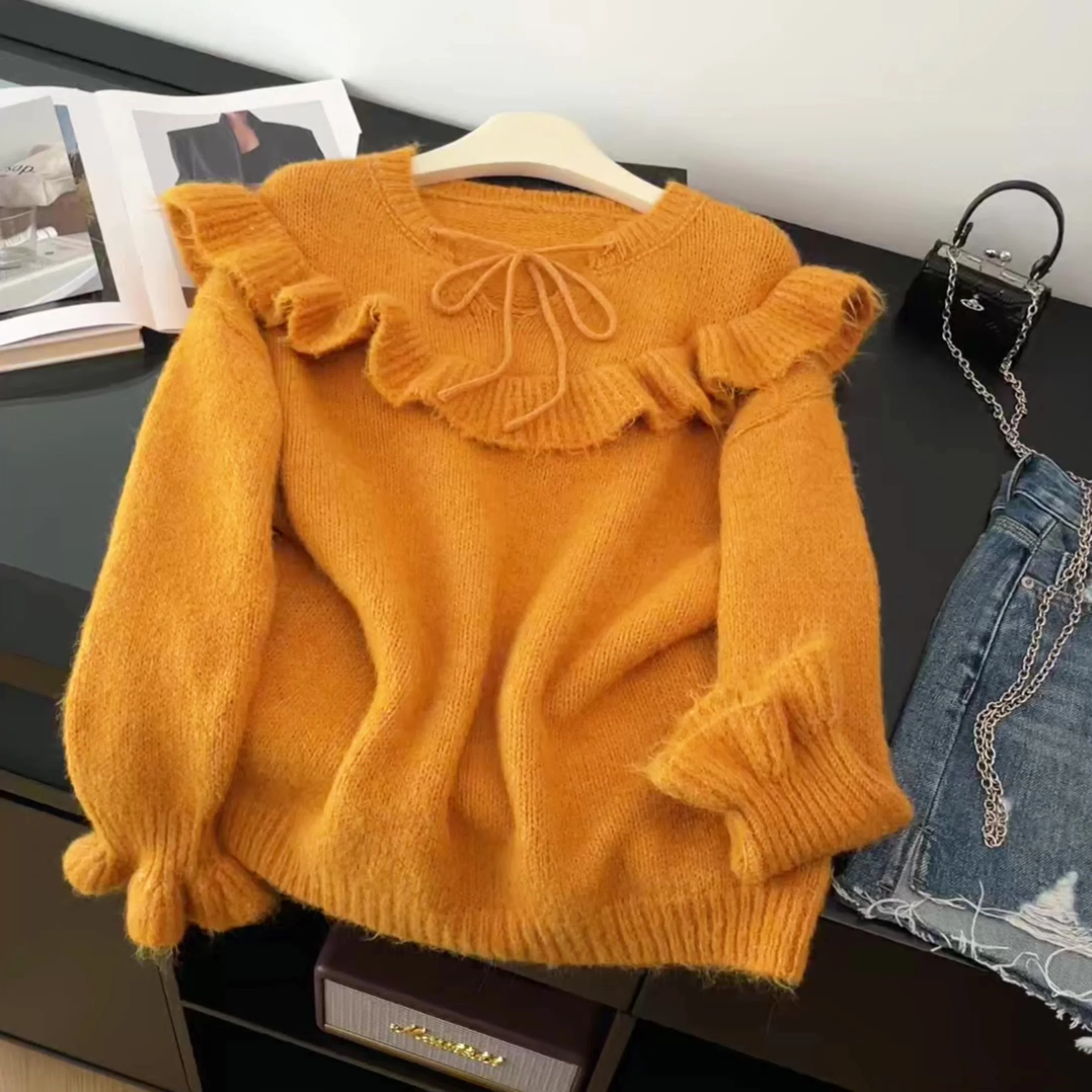 

Women's Orange Knit Sweater 2000s Vintage O-Neck Korean Style Long Sleeves Cozy Cashmere Sweater Clothes For Women Spring Autumn