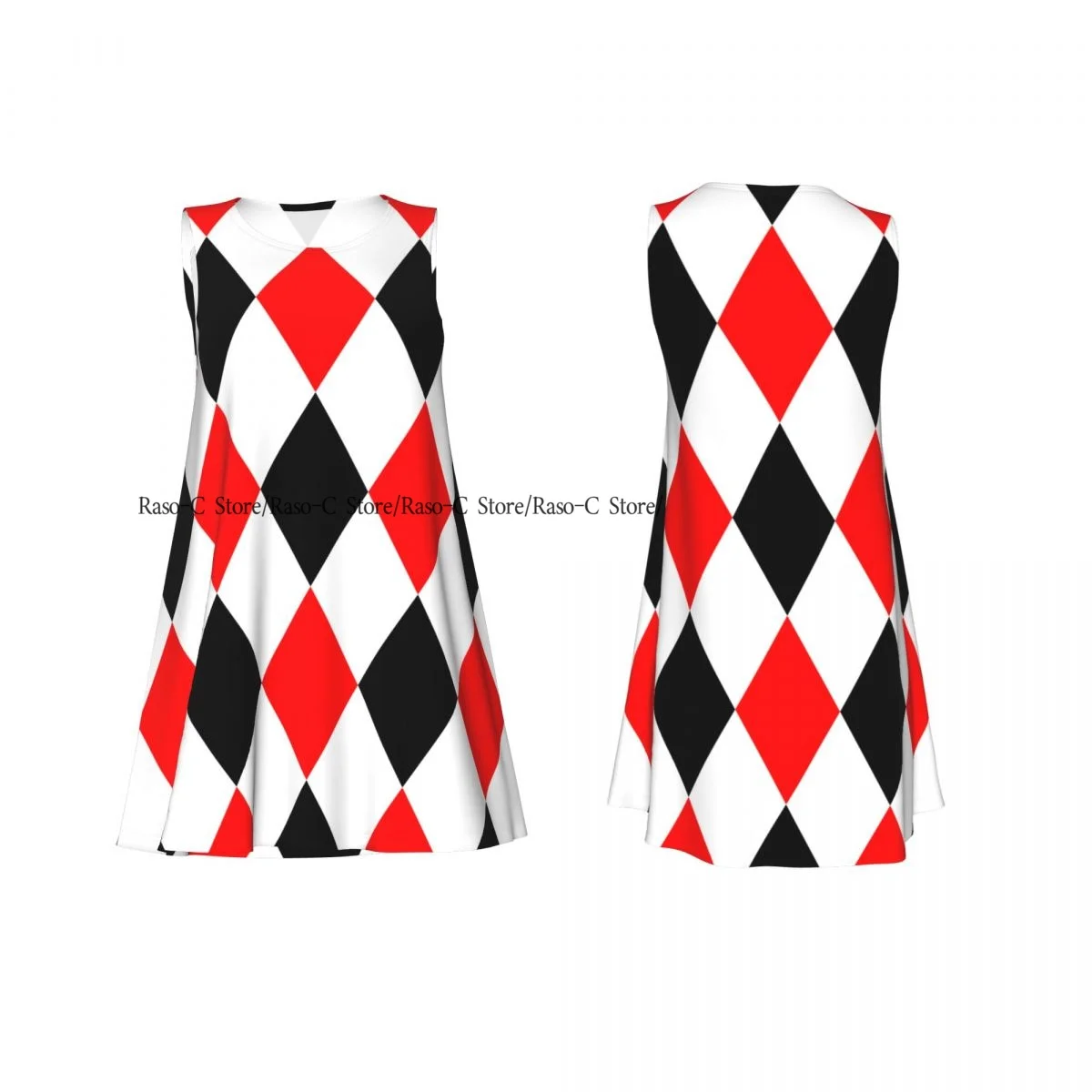 Women's Dress Summer Casual T Shirt Dresses Beach Cover up Red Black And White Rhombuses Pattern Tank Dress