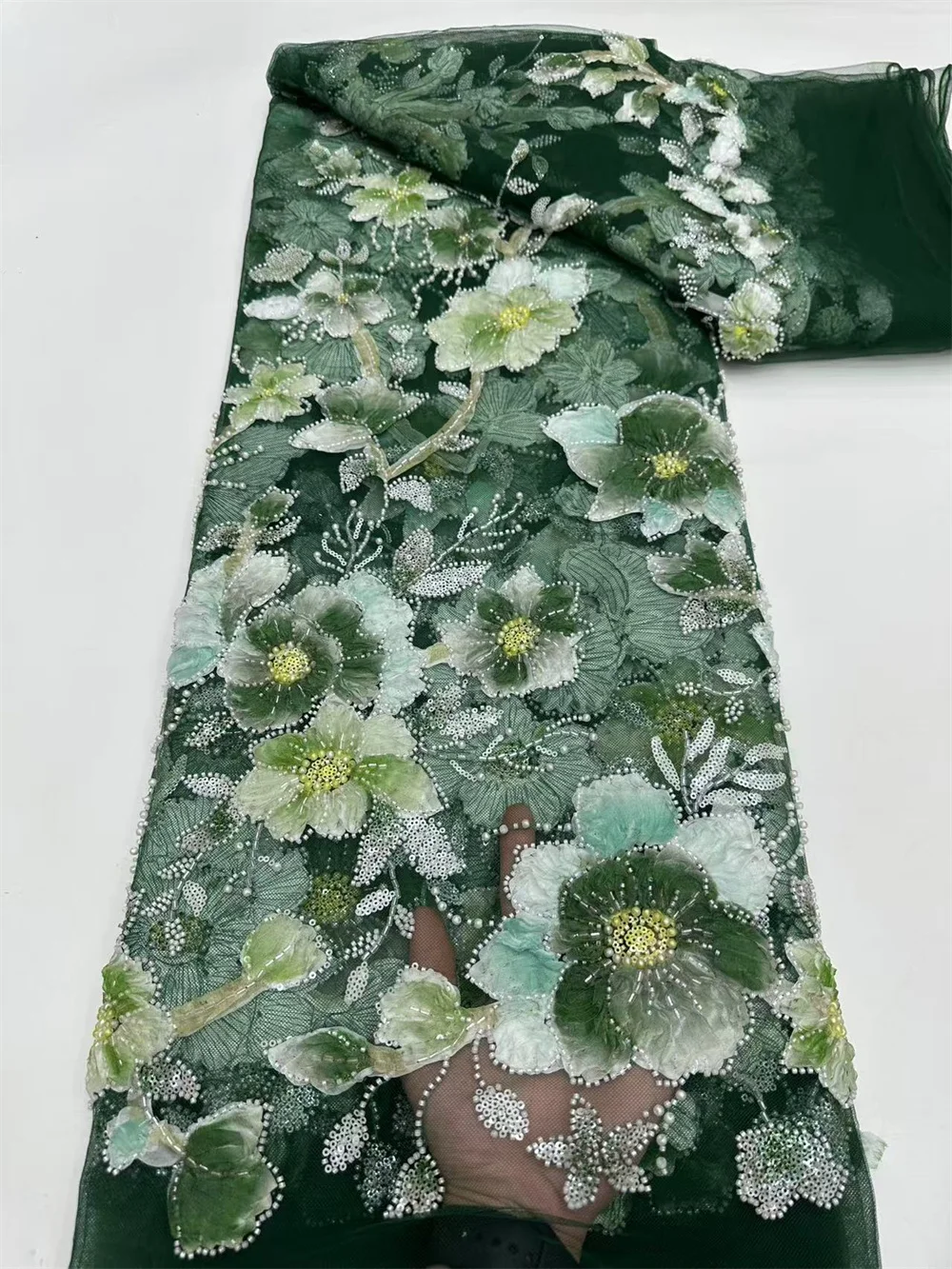 

African Fabric Lace High Quality 5 Yards 2025 In Green Beaded Lace Fabric Luxury French Fabrics Embroidered For Wedding A1189-1