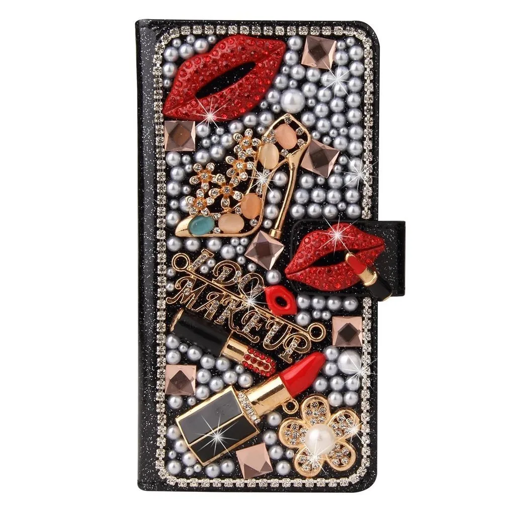 Diamond Kiss Lipstick High Heel Flower Wallet Card Slot Leather Case Cover For iPhone 16 15 14 13 12 11 Pro X XS Max XR Plus