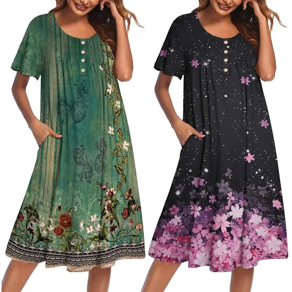 

2 Pack House Dresses for Women with Pockets Short Sleeve Moomoo Nightgown Plus Size Mumu Dress Floral Lounge Dress