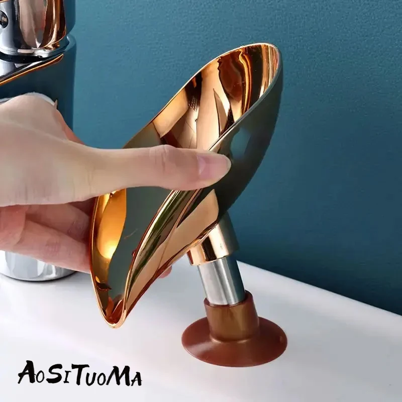 Italian Electroplated Gold Leaf Shaped Soap Dish Bathroom Toilet Perforation-free Drain Soap Rack Soap Box