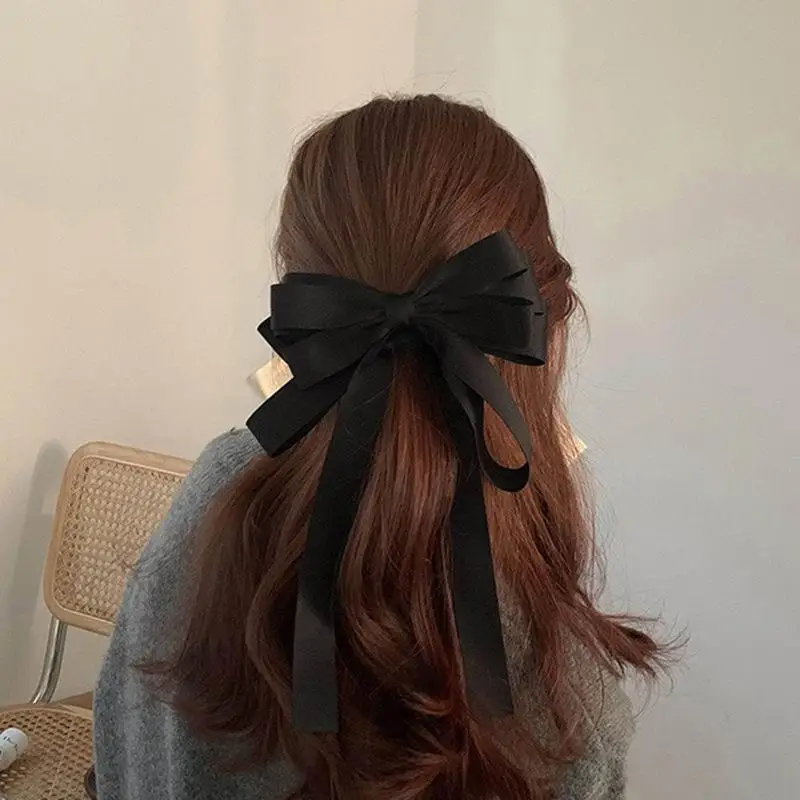 Fashion Hair Clips For Women Girls Big Bowknot Solid Satin Long Ribbon Bows Spring Clamp Women's Ponytail Hair Clip