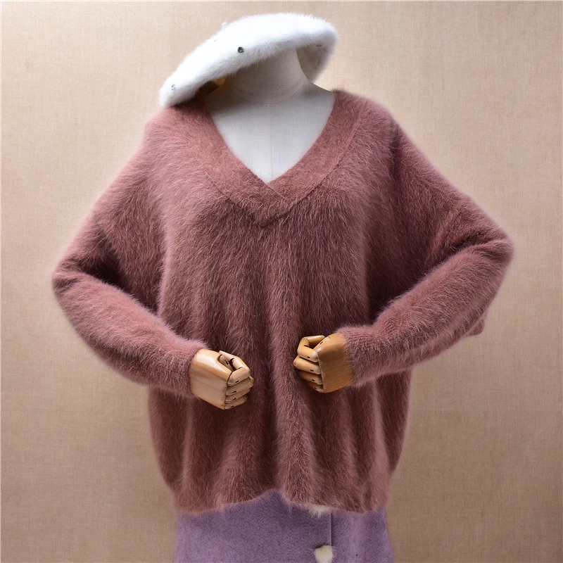Ladies Women Fall Winter Clothing Hairy Plush Mink Cashmere Knitted V-Neck Long Sleeves Loose Pullover Sweater Jumper Pull Tops