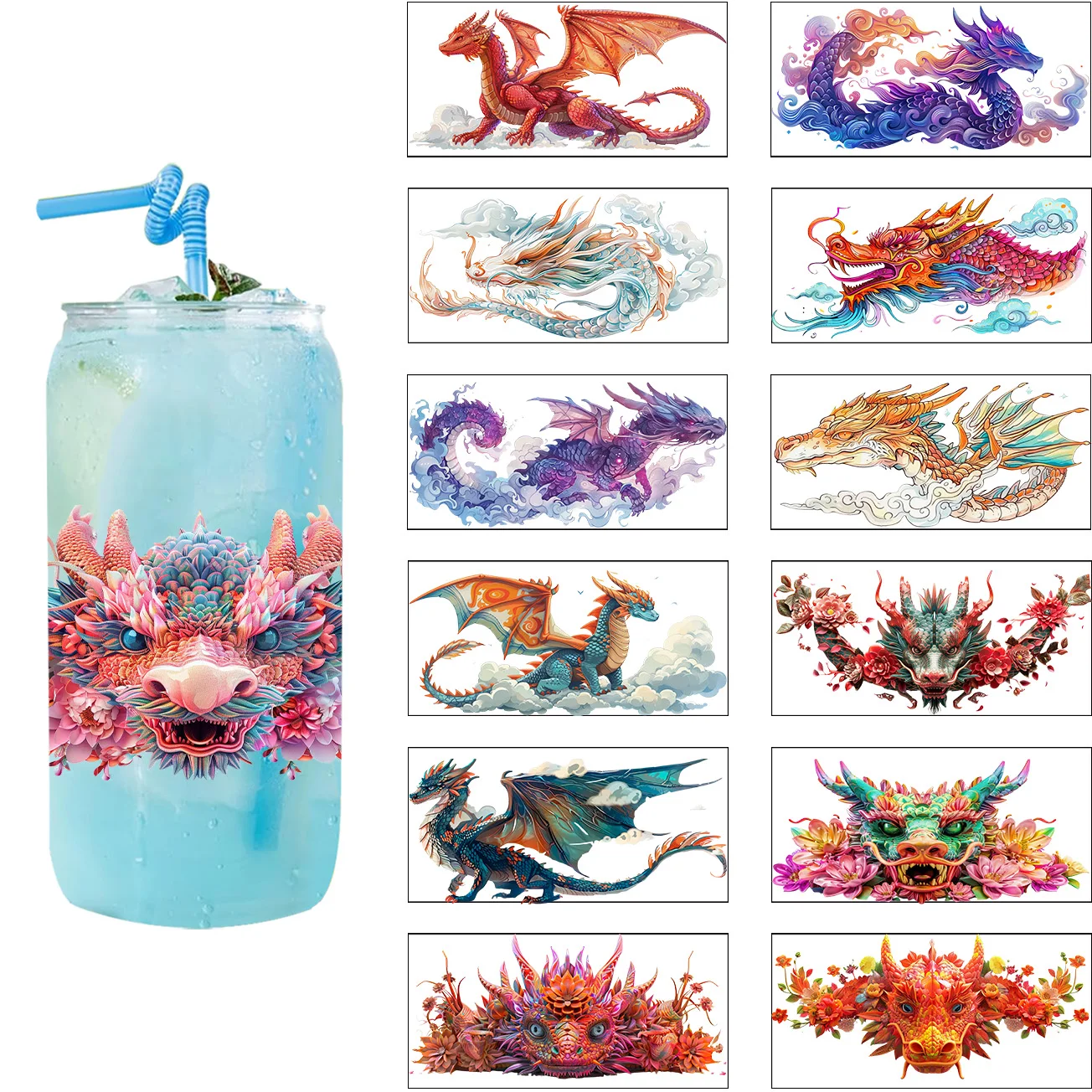 Diverse Vibrant Dragon Des UV DTF Wrap For 16oz Cups Bottles DIY Decal Eastern Loong Art Pattern 3D Stickers