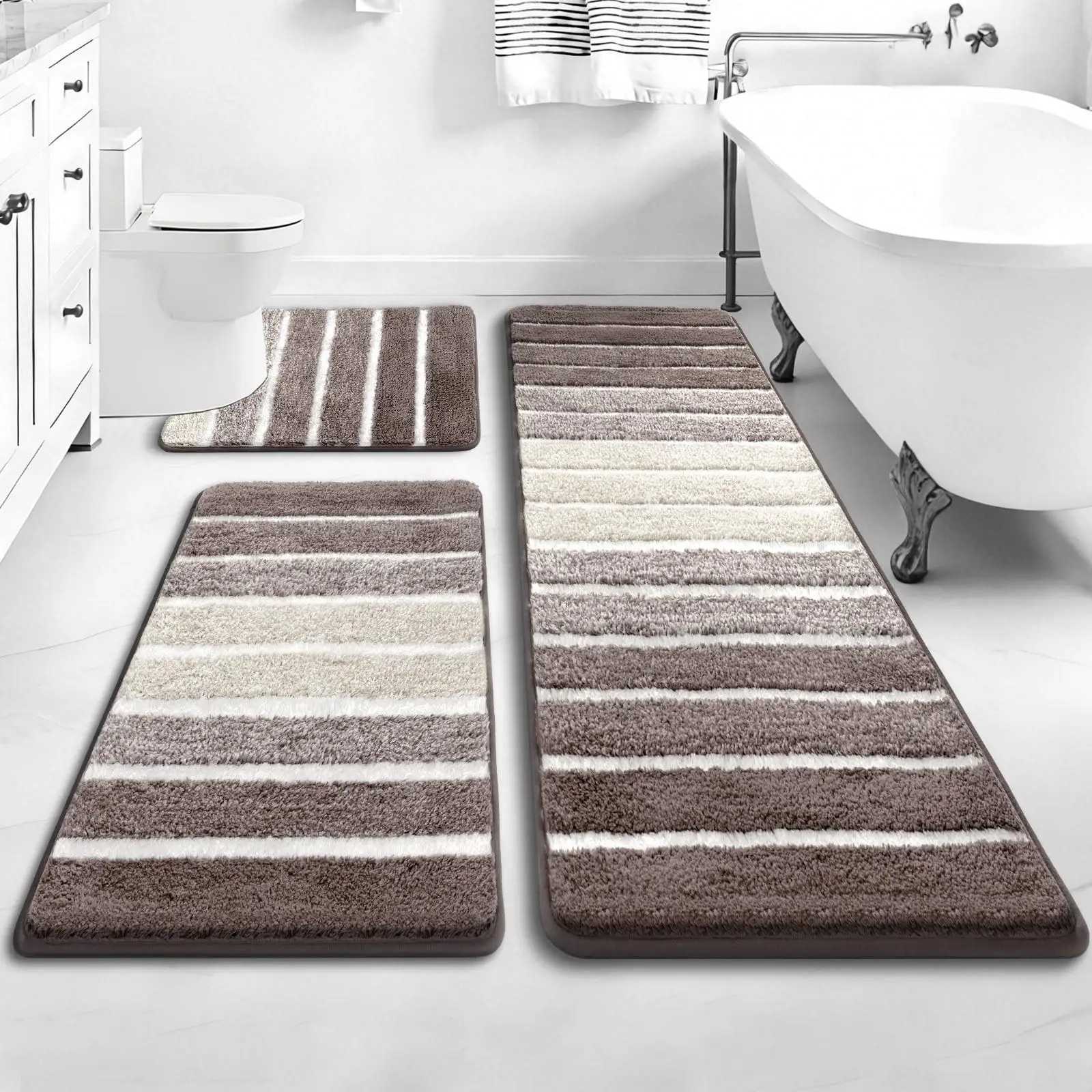 3Pcs/Set Soft Microfiber Shaggy Bath Mat Set Washable Non-Slip Bathroom Rugs Ultra-Absorbent Shower Floor Carpet U-Shaped Toilet Pedestal Mat Fluffy Cushion Carpet for Tub Apartment Bathroom Accessories