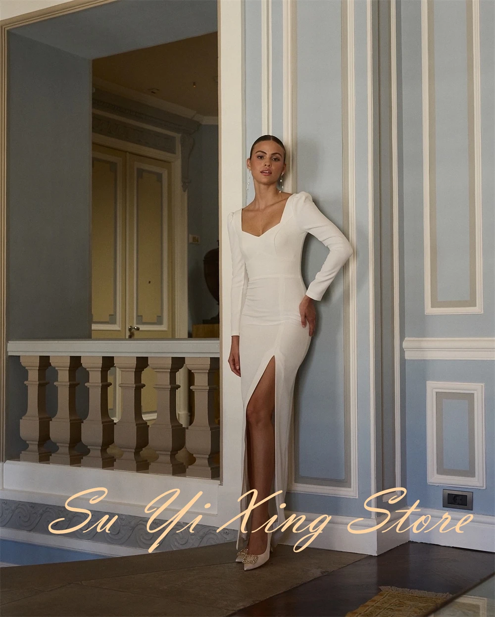 Customized  Graceful Square Collar Long Sleeves Evening Dress Delicate Buttons Back Celebrity Gowns Classic Side Slit P