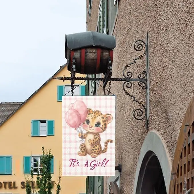 It's A Girl Garden Flag - 12x18 Inch Double Sided Leopard Balloons Baby Girl Birthday Banner Outdoor Yard Decoration IIK AAL yyi