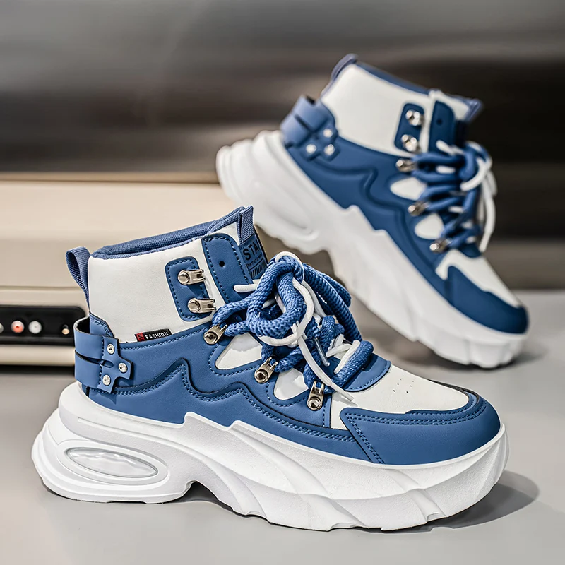 

Бело-синие мужские высокие повседневные кроссовки Уличная одежда Туфли в стиле хип-хоп Модные туфли на массивном каблуке Мужские дизайнерские кроссовки на платформе