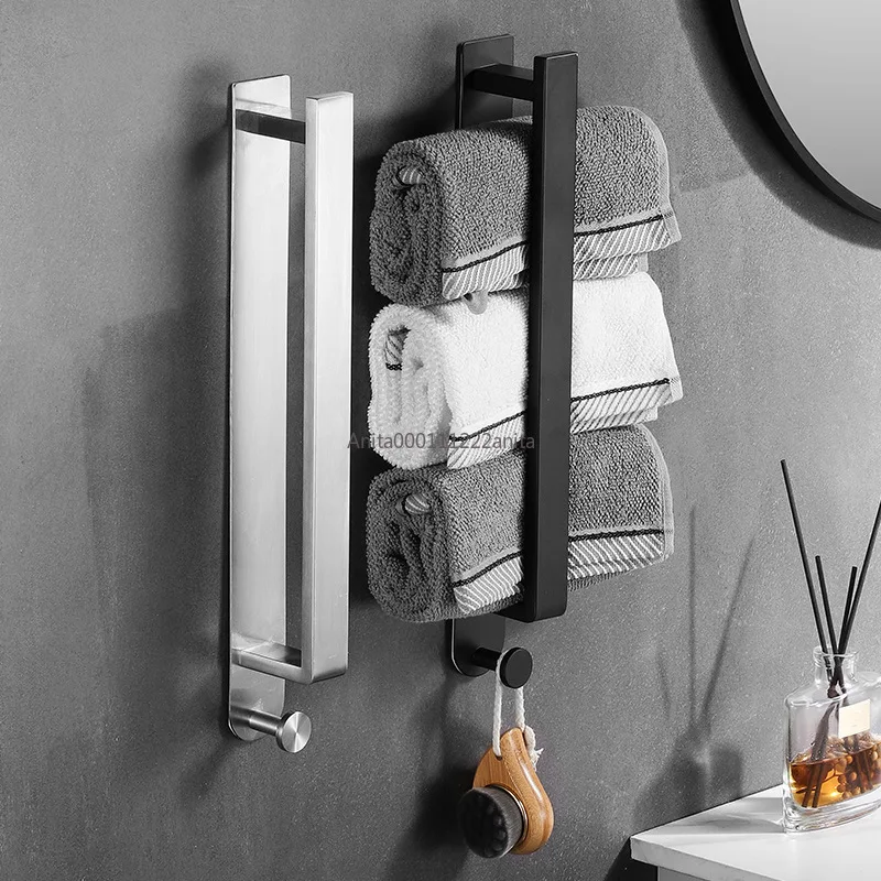 

Self Adhesive Towel Rack Towel Bar With Hooks Stainless Steel Towel Holder Wall Mounted No Drilling Bathroom Accessories