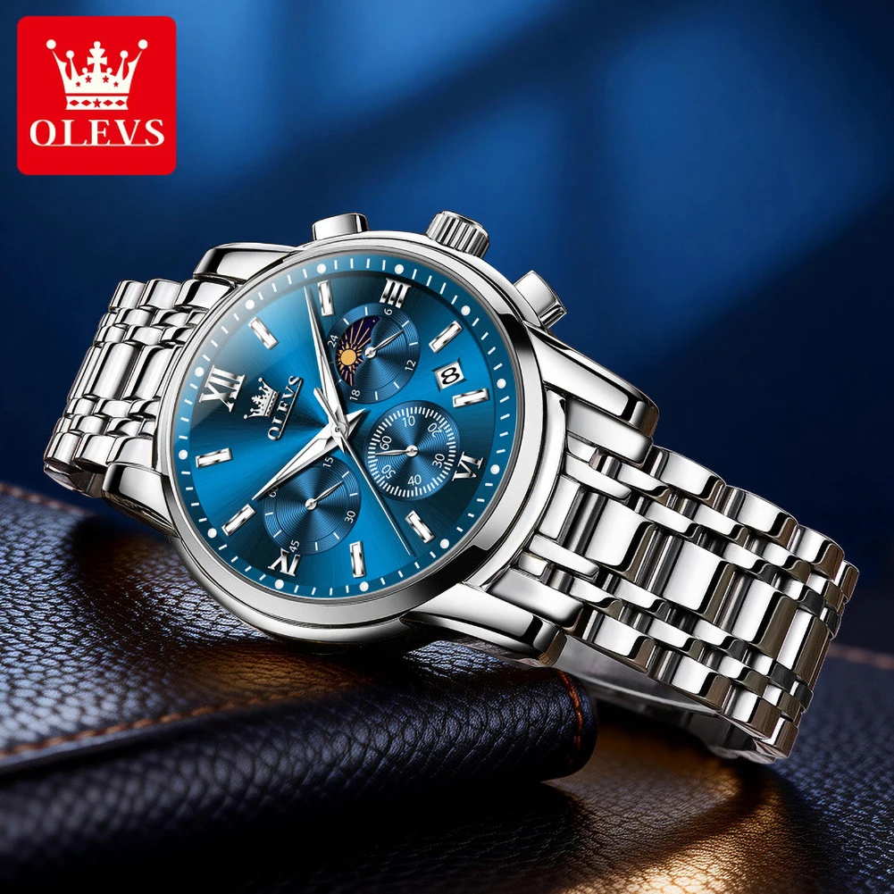 OLEVS 2718 Quartz Watches for Men Original Solid Steel Strap Chronograph Moon Phase Glow Waterproof Best Seller Man Watch New