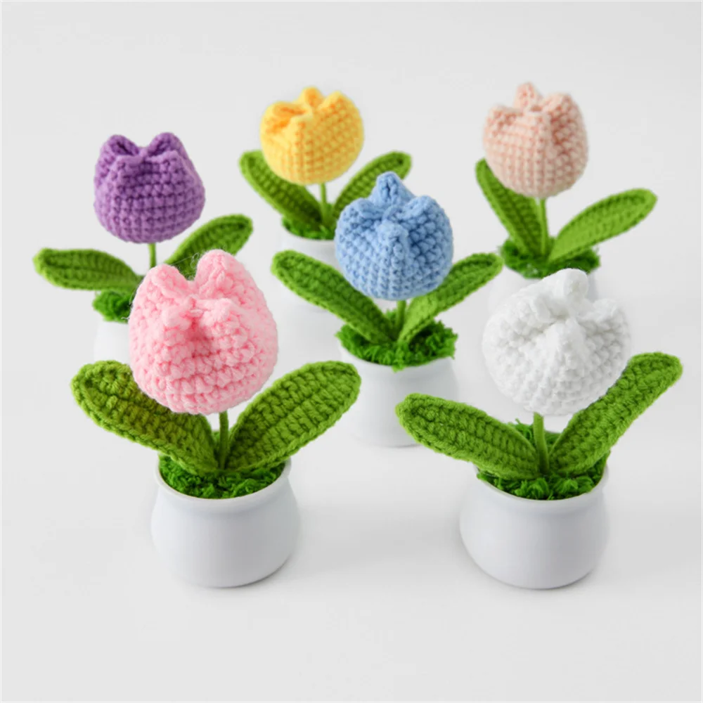 1pcs Mini Crochet Tulips Flowers Lovely Hand Knitted Flowers Potted Plants Hand Knitted Flower Wedding Home Car Decoration